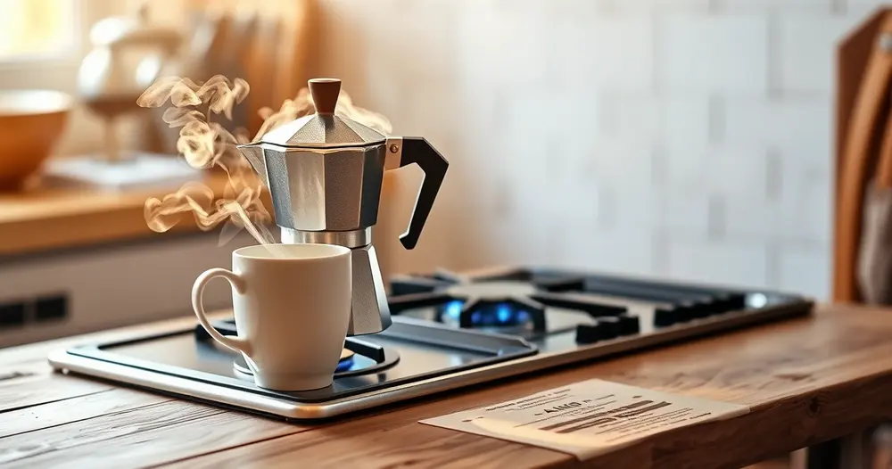 Cafeteira italiana de alumínio sobre chama de fogão ao lado de xícara branca em bancada de madeira