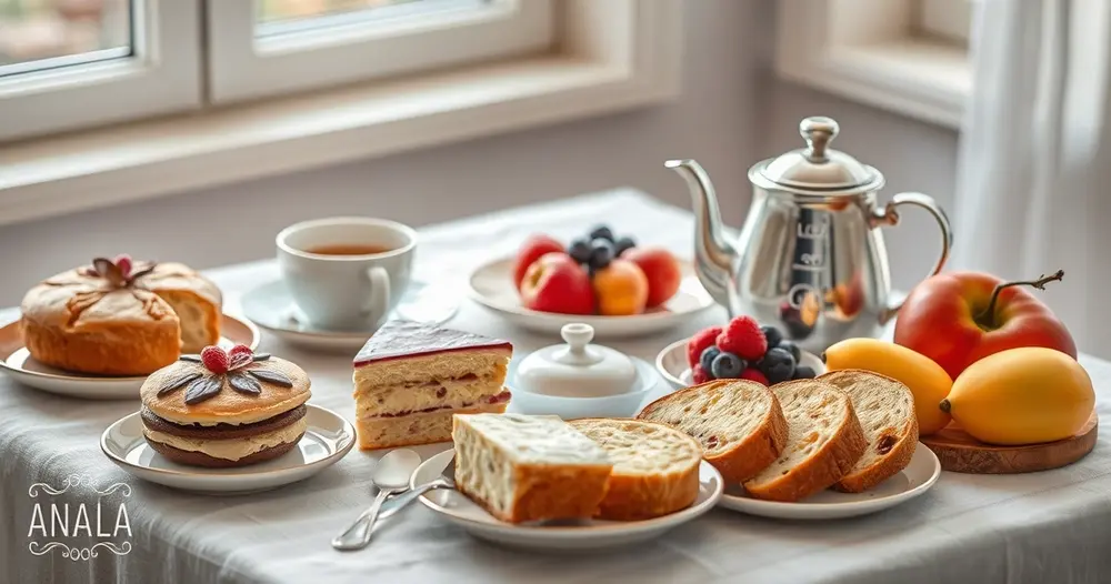 Mesa de café da tarde com bolos, pães de queijo, frutas e bule sobre toalha de linho