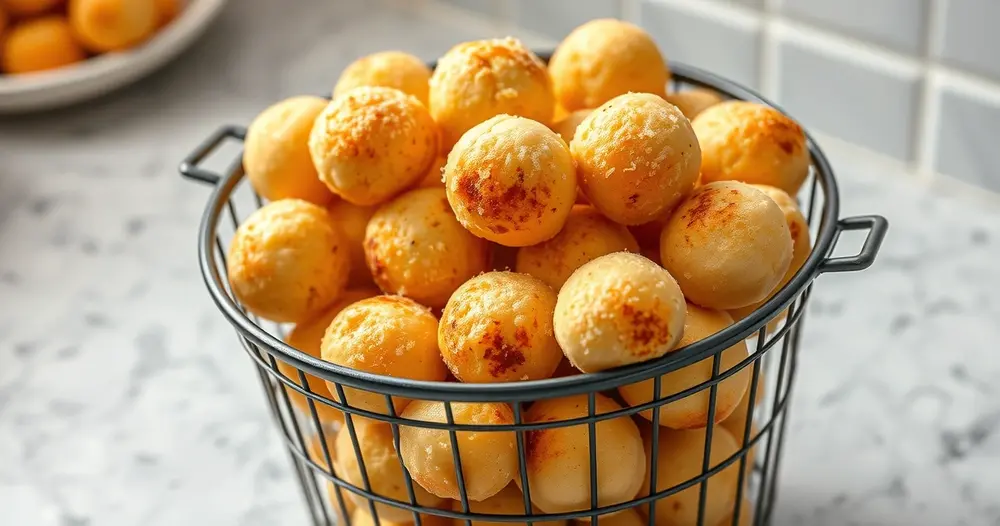Balde plástico aberto cheio de bolinhas de pão de queijo congeladas sobre bancada de cozinha