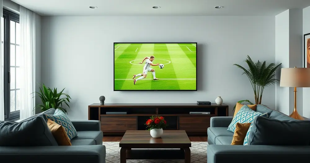 sala de estar com televisão exibindo partida da copa do mundo