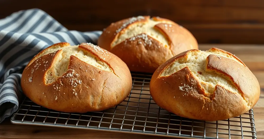 Pães caseiros redondos de casca dourada esfriando sobre grade metálica ao lado de pano de prato