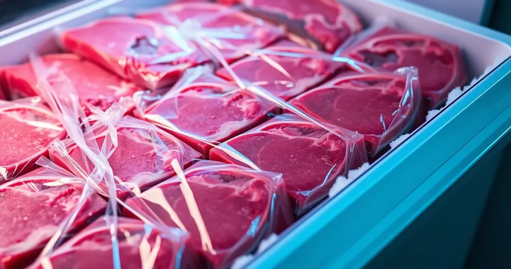 Peças de carne embaladas em filme plástico organizadas em gaveta de freezer com aspecto gelado
